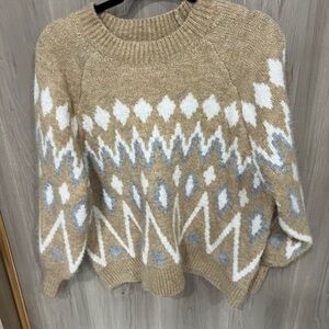 a new day Tan, White & Light Gray Patterned Crewneck Sweater